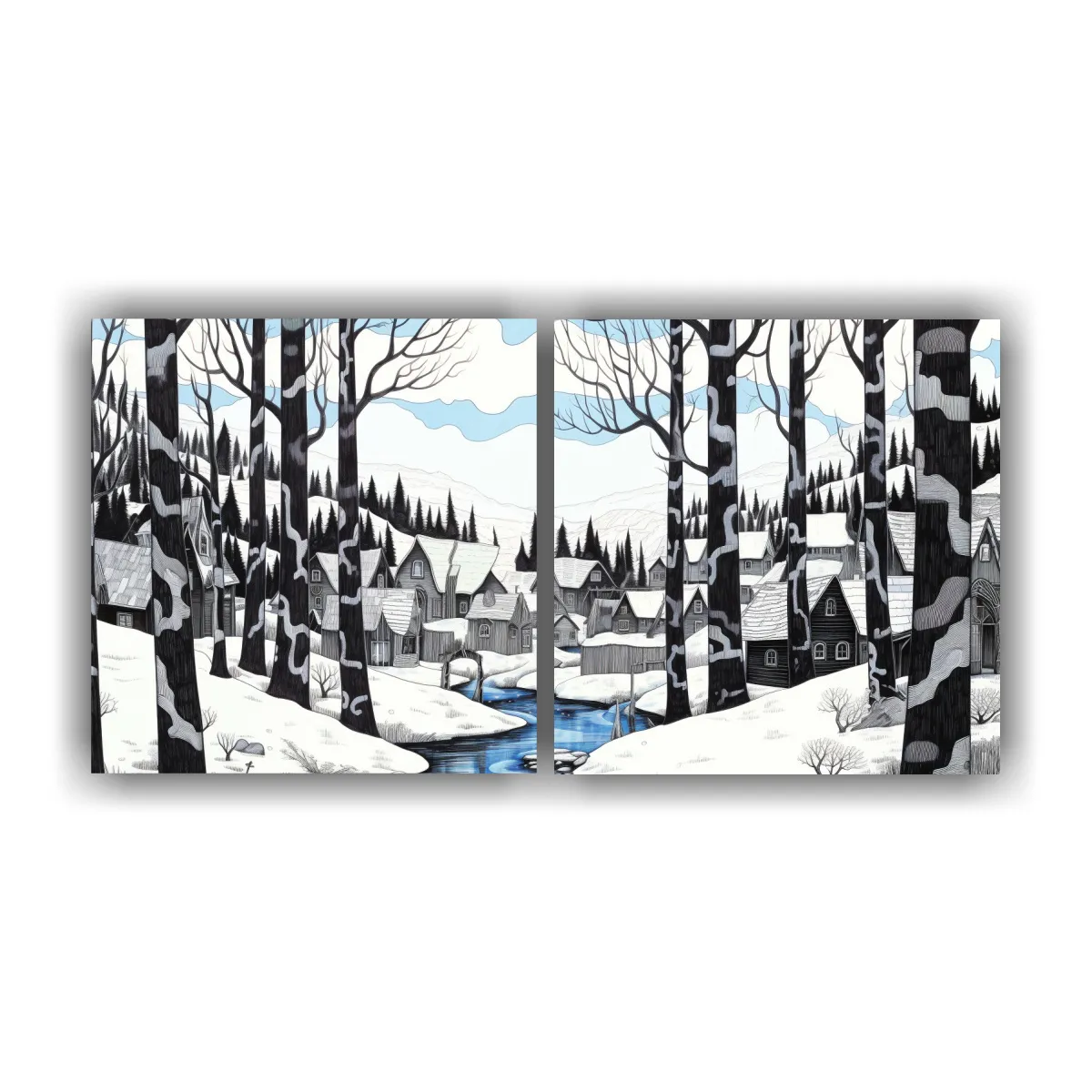 GENERICO - Cuadro De Decoración Line Drawing Bosque Nevado 80x40 Cm
