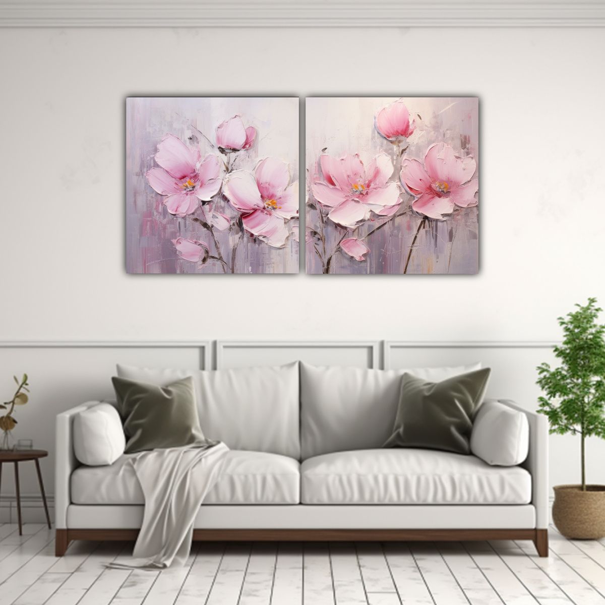 GENERICO - Cuadro Tema Simétrico Flores Rosadas En Lienzo 60x30 Cm