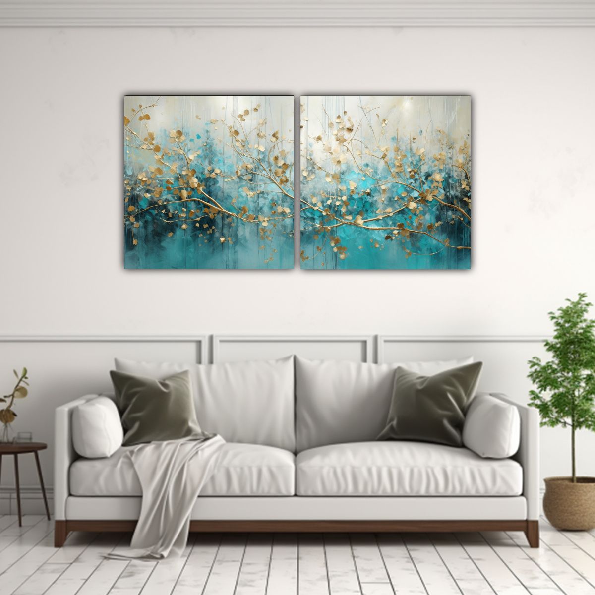 GENERICO - Pintura Turquesa Y Dorada En Diptico Impreso Para 80x40 Cm