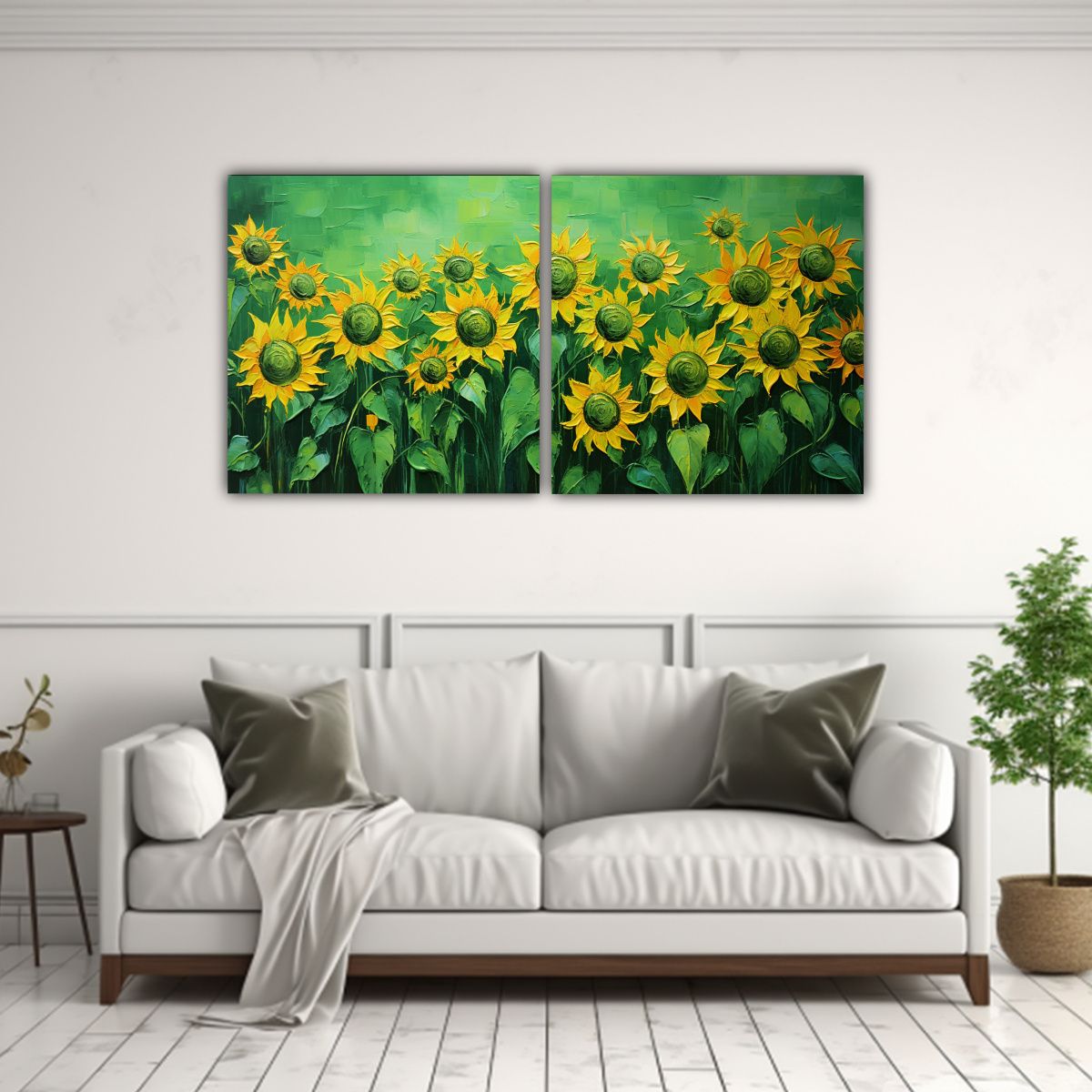 GENERICO - Dos Lienzos Moderno Colorido De Girasoles Verdes 60x30 Cm