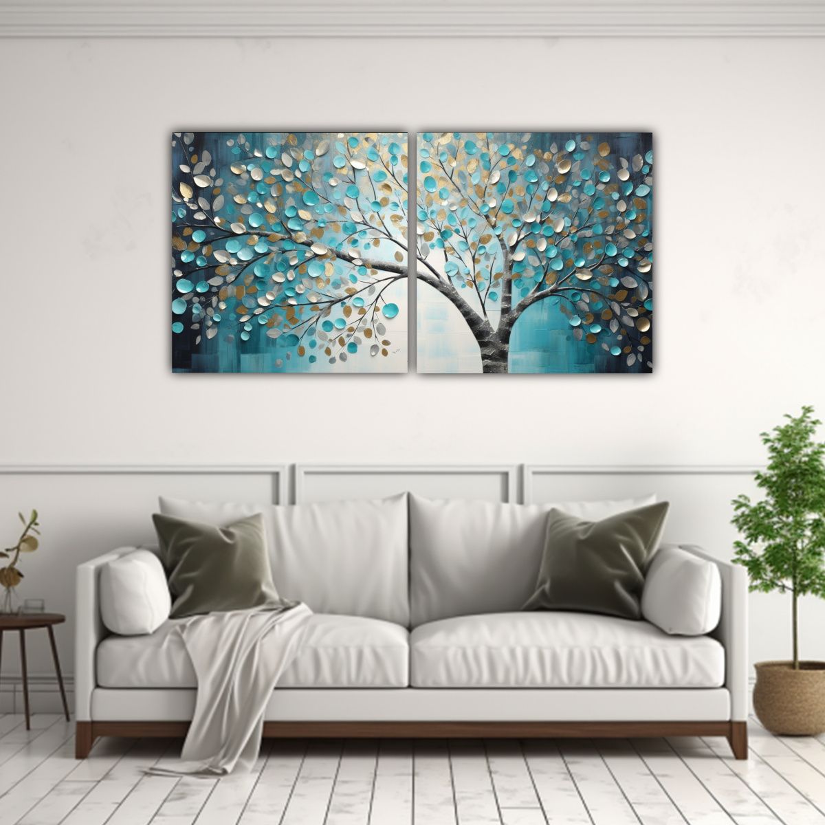 GENERICO - Pintura En Tela Árbol Turquesa Y Plata De Gran 100x50 Cm