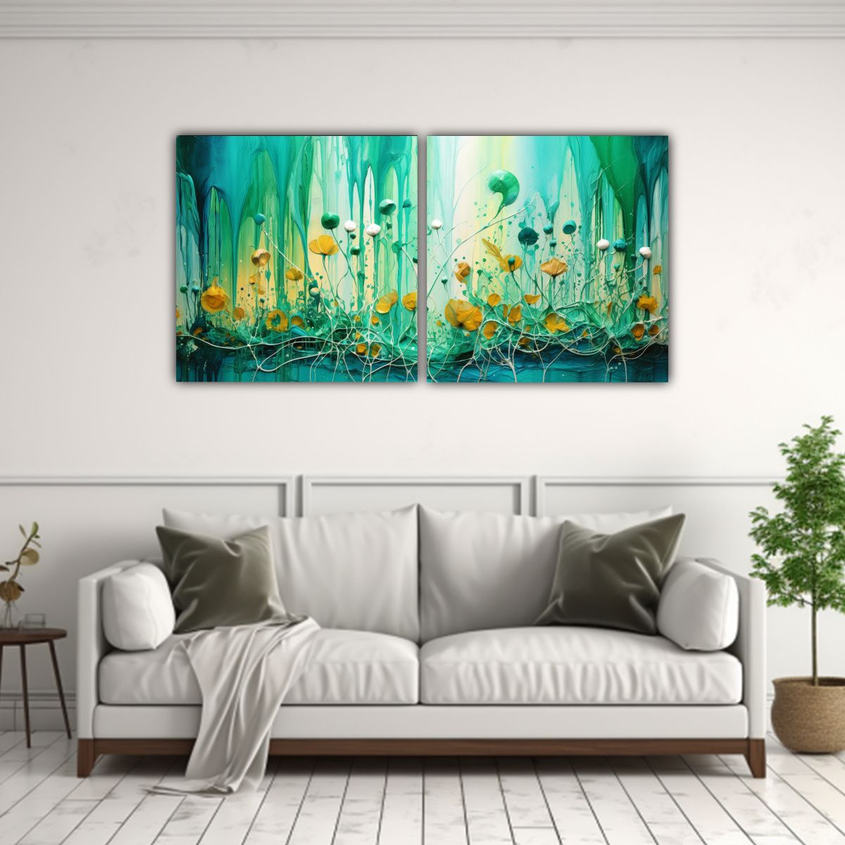 GENERICO - Dos Lienzos Simetría En Verde Y Dorado Estilo 80x40 Cm