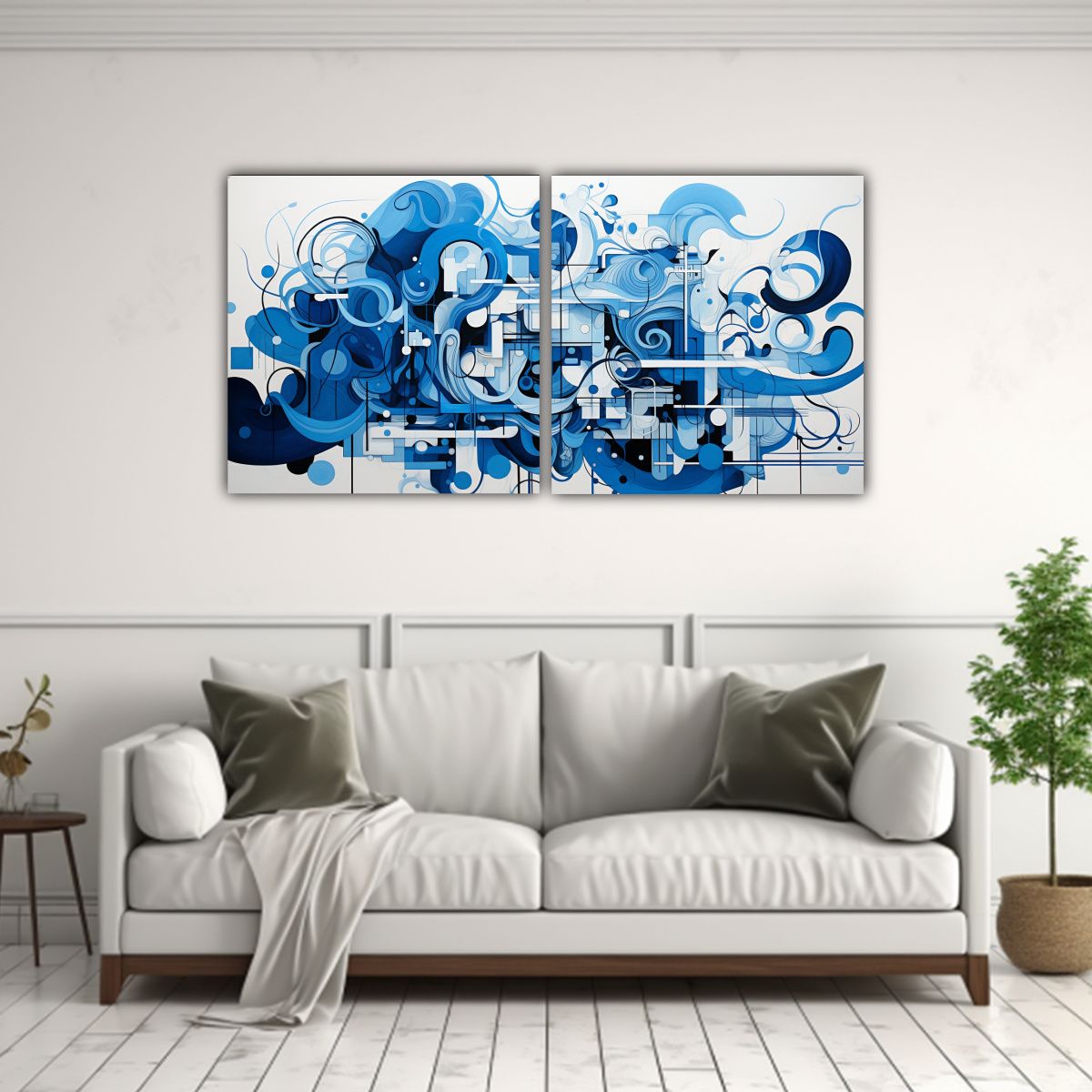 GENERICO - Cuadros Abstractos En Azul Y Blanco De Diseño 60x30 Cm