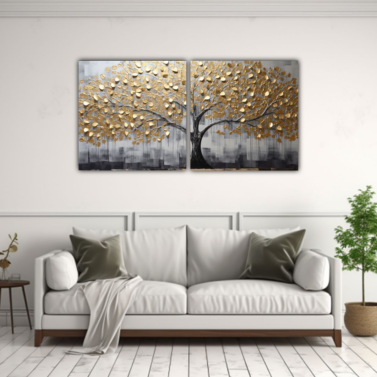 GENERICO - Díptico Árbol En Oro Y Plata En Pinturas De 60x30 Cm