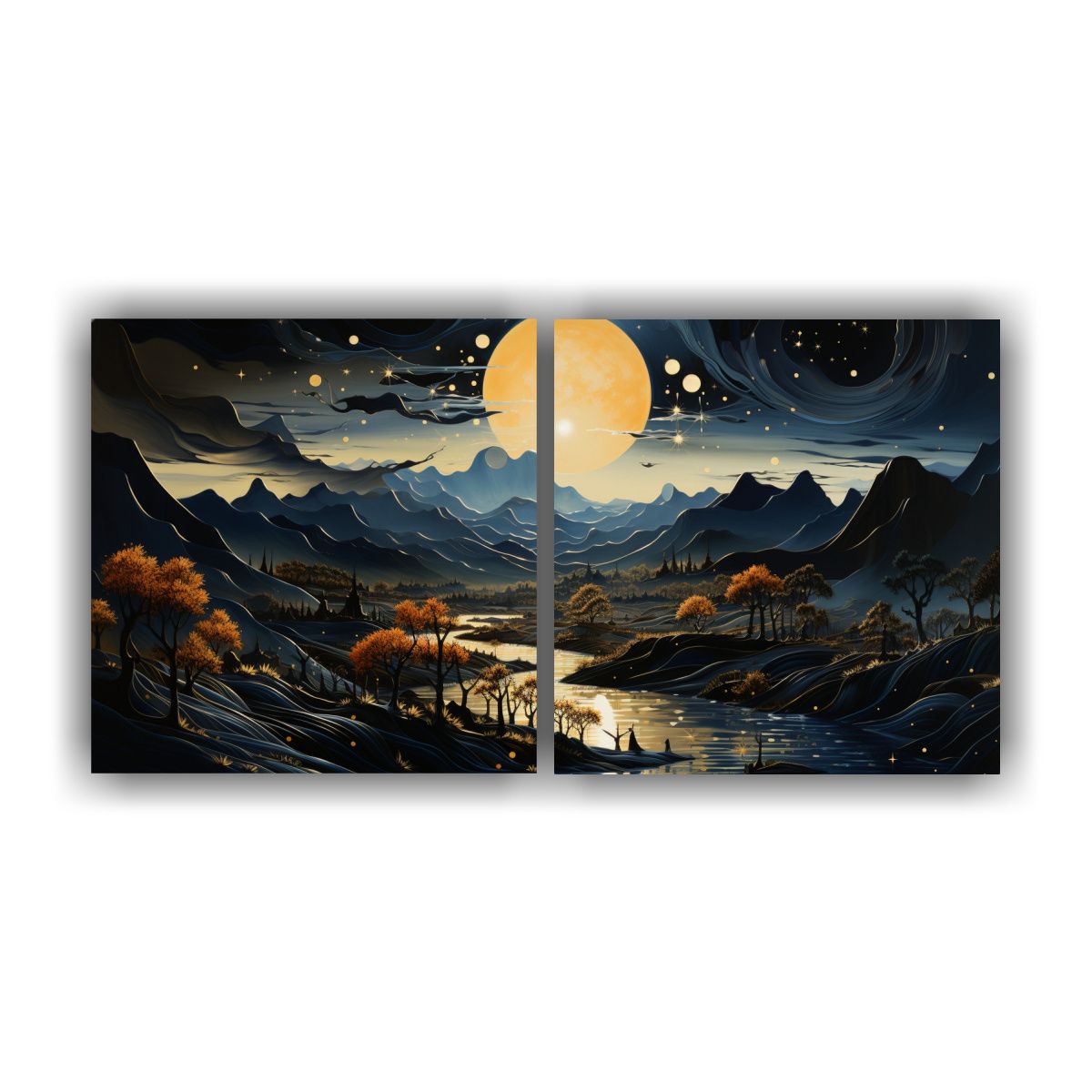 GENERICO - Paisaje Con Luna Y Montañas En Pintura Decorativa 80x40 Cm
