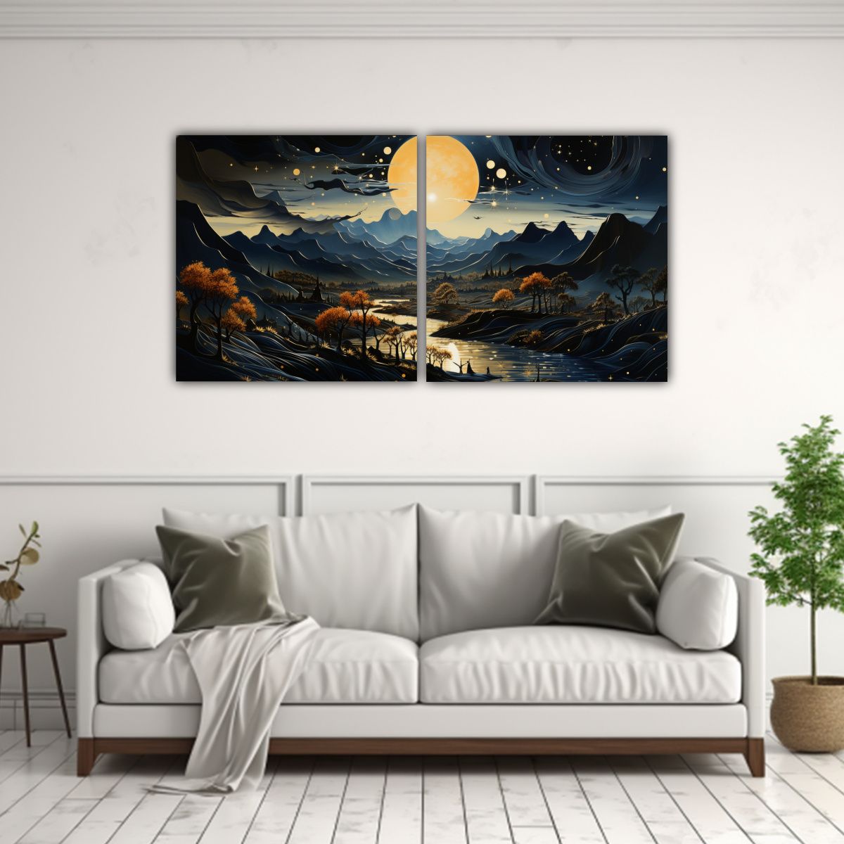 GENERICO - Paisaje Con Luna Y Montañas En Pintura Decorativa 80x40 Cm
