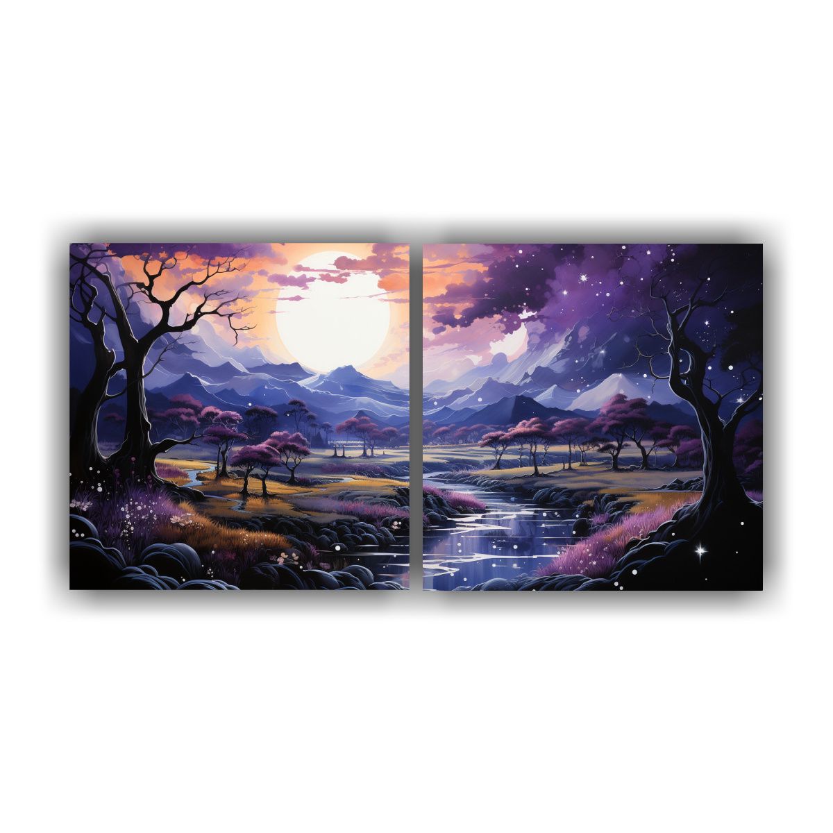 GENERICO - Pintura Con Luna Cerca De Montañas Juego De 2 60x30 Cm
