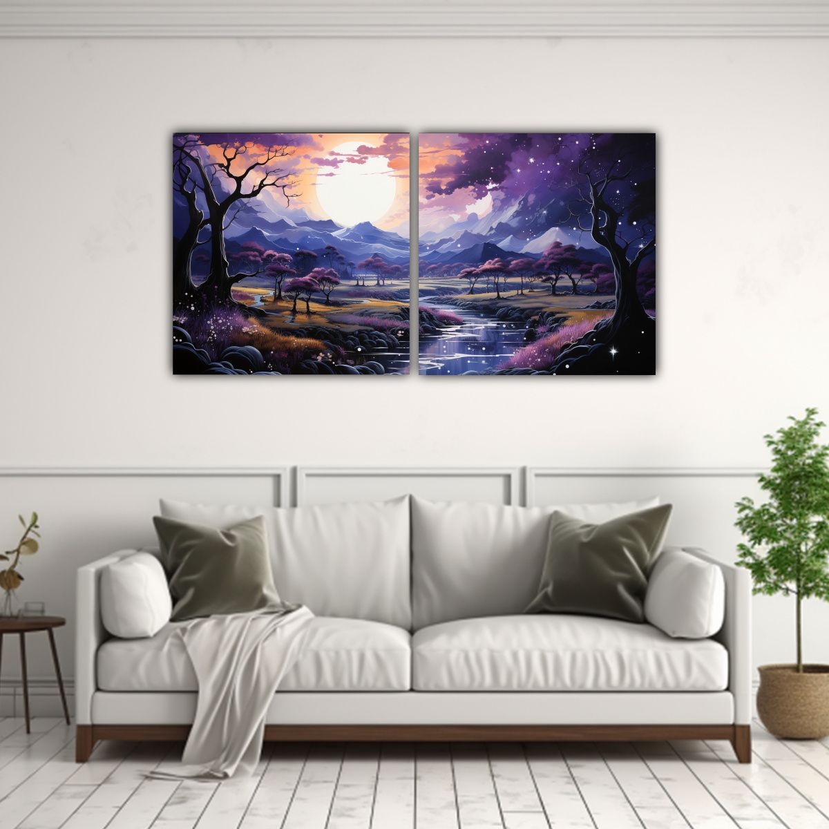 GENERICO - Pintura Con Luna Cerca De Montañas Juego De 2 60x30 Cm