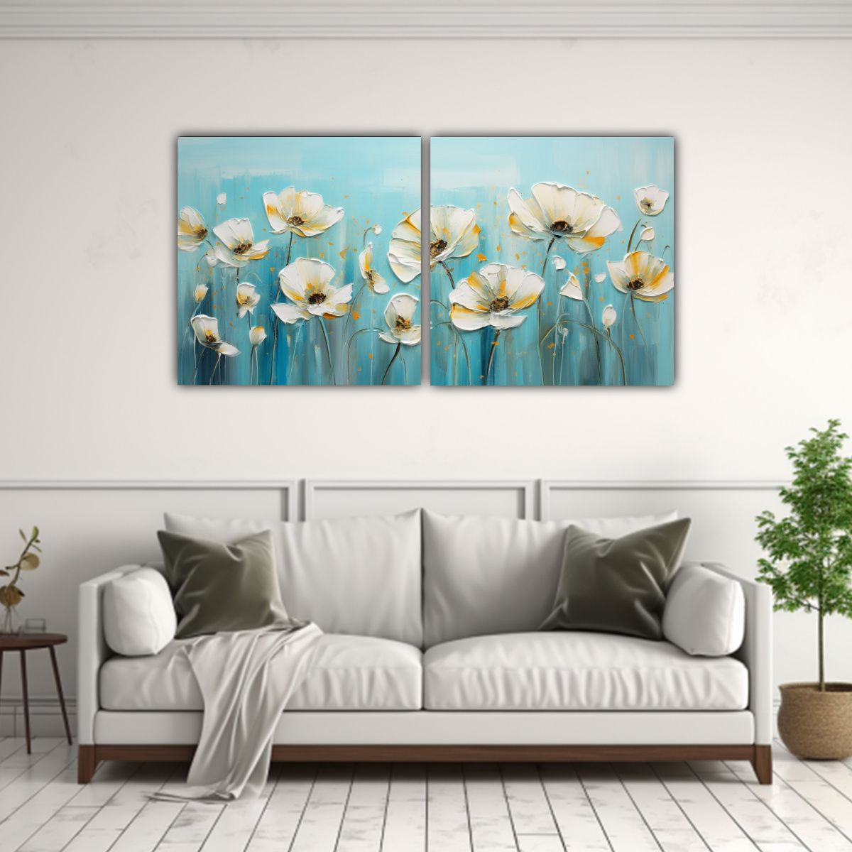 GENERICO - Arte Lineal A Turquesa En Lienzo Estilo Flores De 80x40 Cm