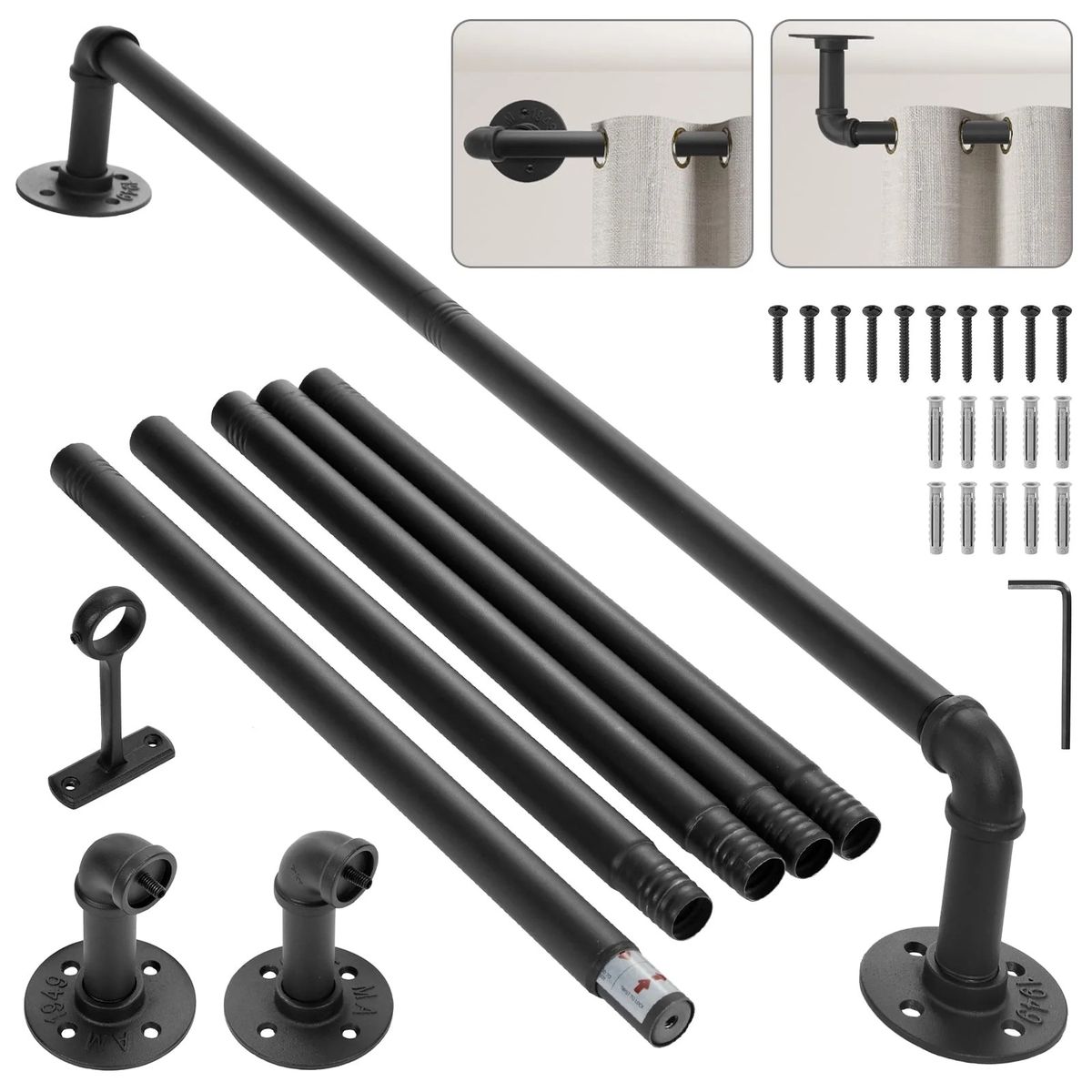 GENERICO - Barra De Cortina Curvada Ajustable 120-210cm Industrial Negro