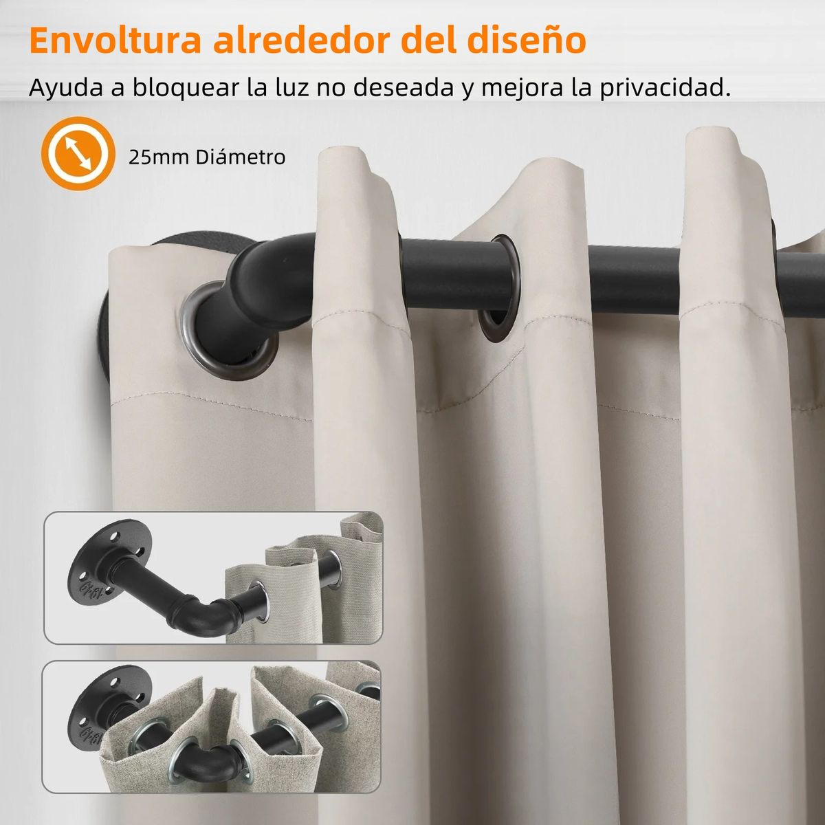 GENERICO - Barra De Cortina Curvada Ajustable 120-210cm Industrial Negro