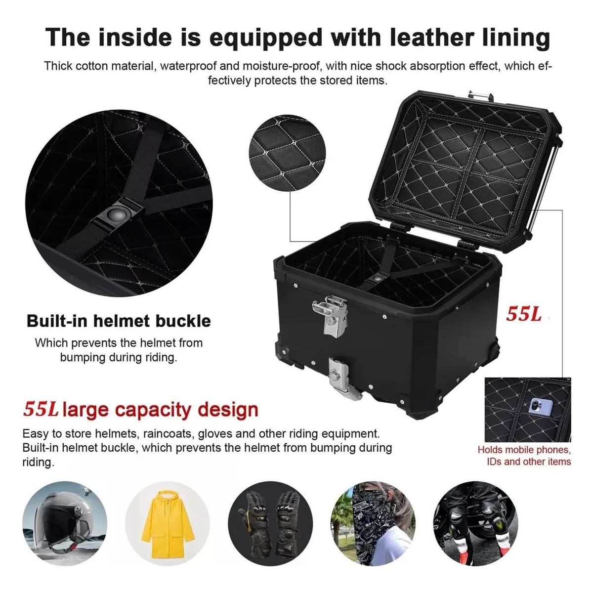 KUANGYE - 55L Aleación de Aluminio Baúl para Motocicleta Antirrobo