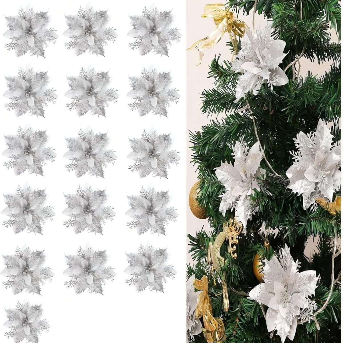 KUANGYE - Pack 12 Flores Navideña Adorno De Navidad Decoración Árbol