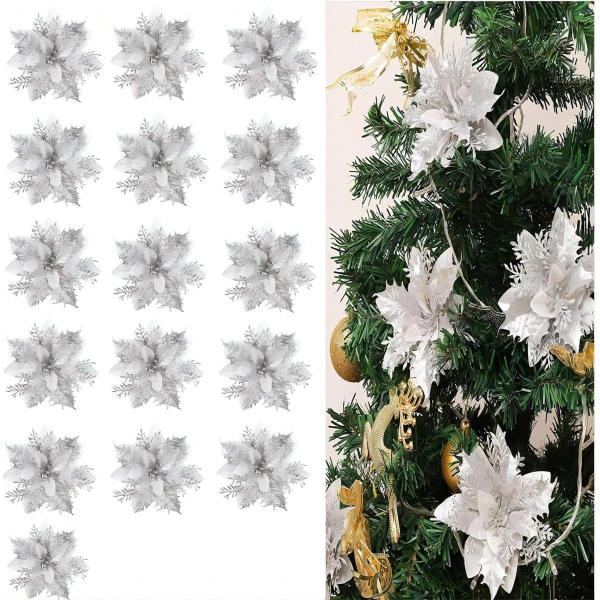 KUANGYE - Pack 12 Flores Navideña Adorno De Navidad Decoración Árbol