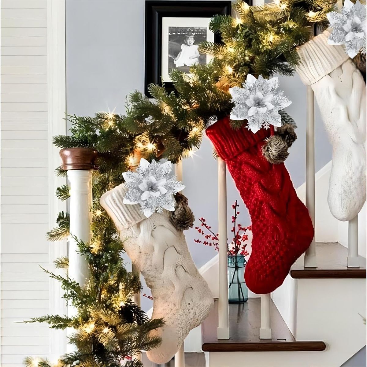 KUANGYE - Pack 12 Flores Navideña Adorno De Navidad Decoración Árbol