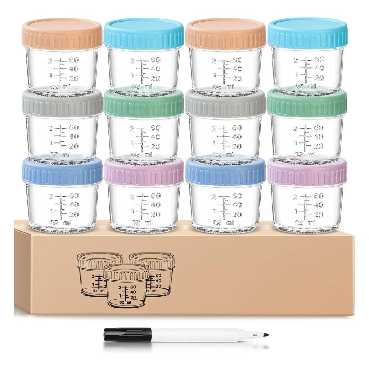 KUANGYE - 12pc Vaso Bebe Contenedores De Vidrio 120ml+1pc Rotulador