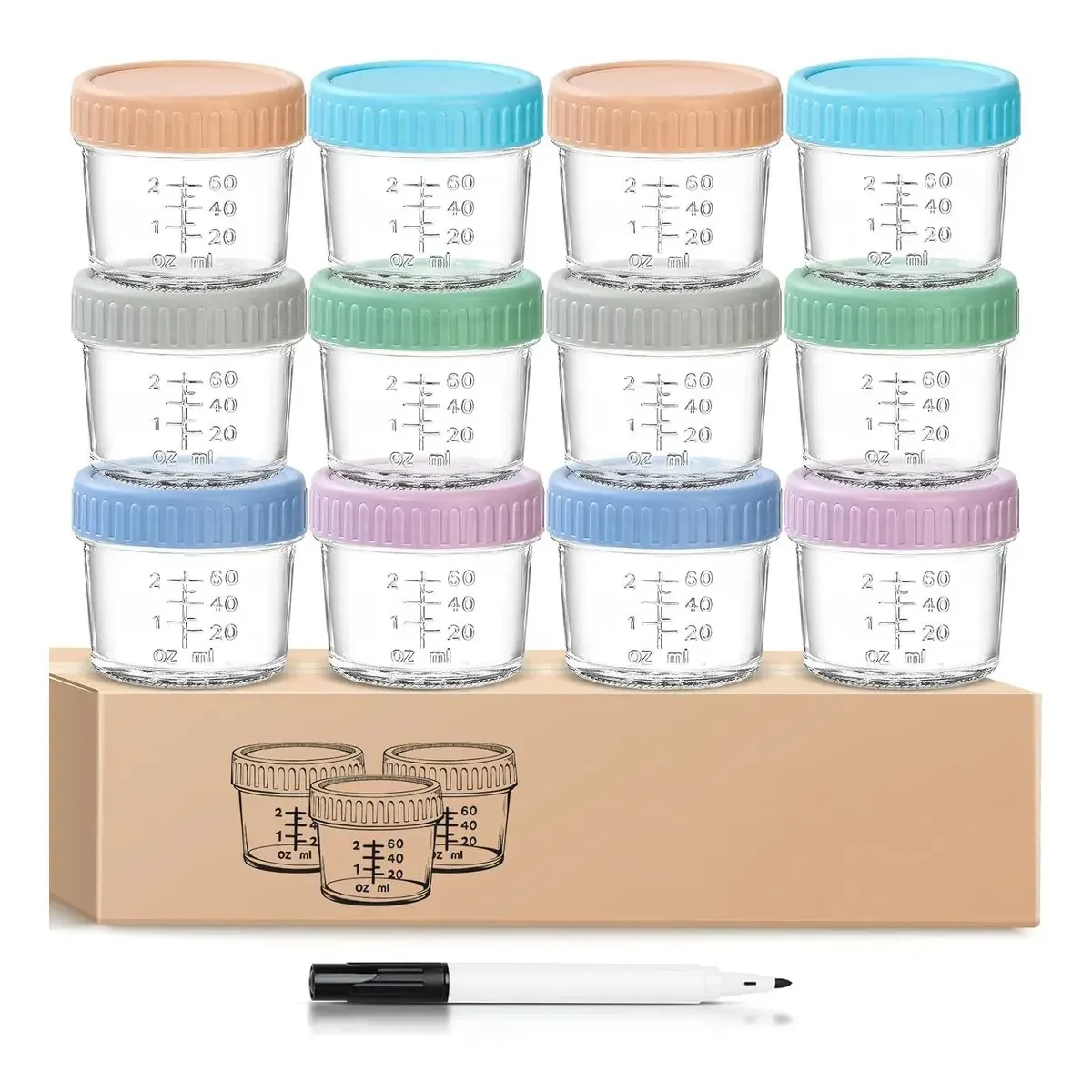 KUANGYE - 12pc Vaso Bebe Contenedores De Vidrio 120ml+1pc Rotulador