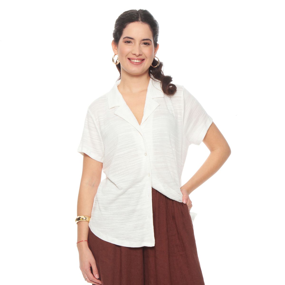 WADOS - BLUSA MANGA CORTA SOLIDA ESCOTE V ABOTONADA EN DELANTERO