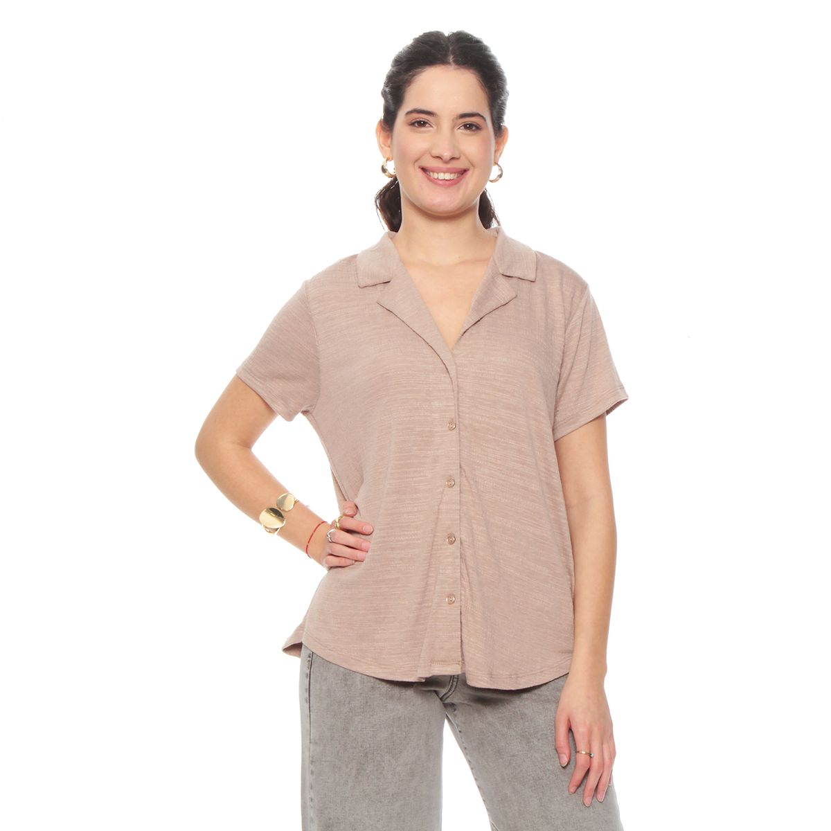 WADOS - BLUSA MANGA CORTA SOLIDA ESCOTE V ABOTONADA EN DELANTERO