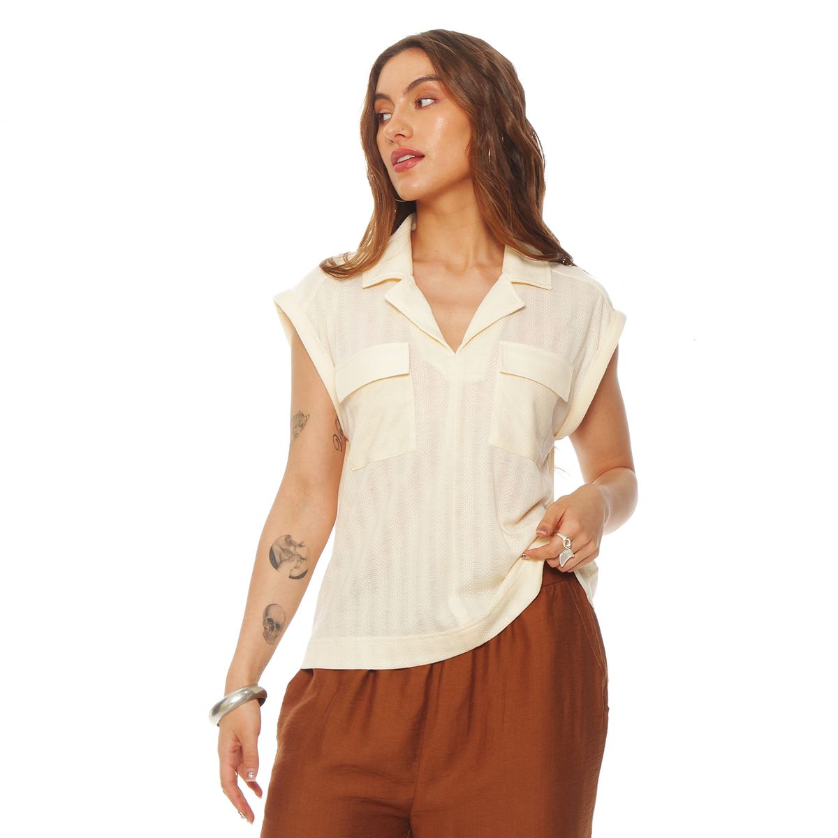 WADOS - BLUSA MC SOLID ABOTONADA CUELLO CAMISERO Y BOLSILLOS TAPETA