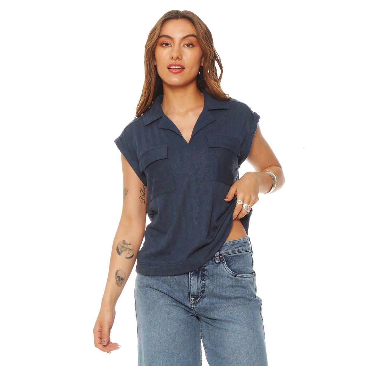 WADOS - BLUSA MC SOLID ABOTONADA CUELLO CAMISERO Y BOLSILLOS TAPETA