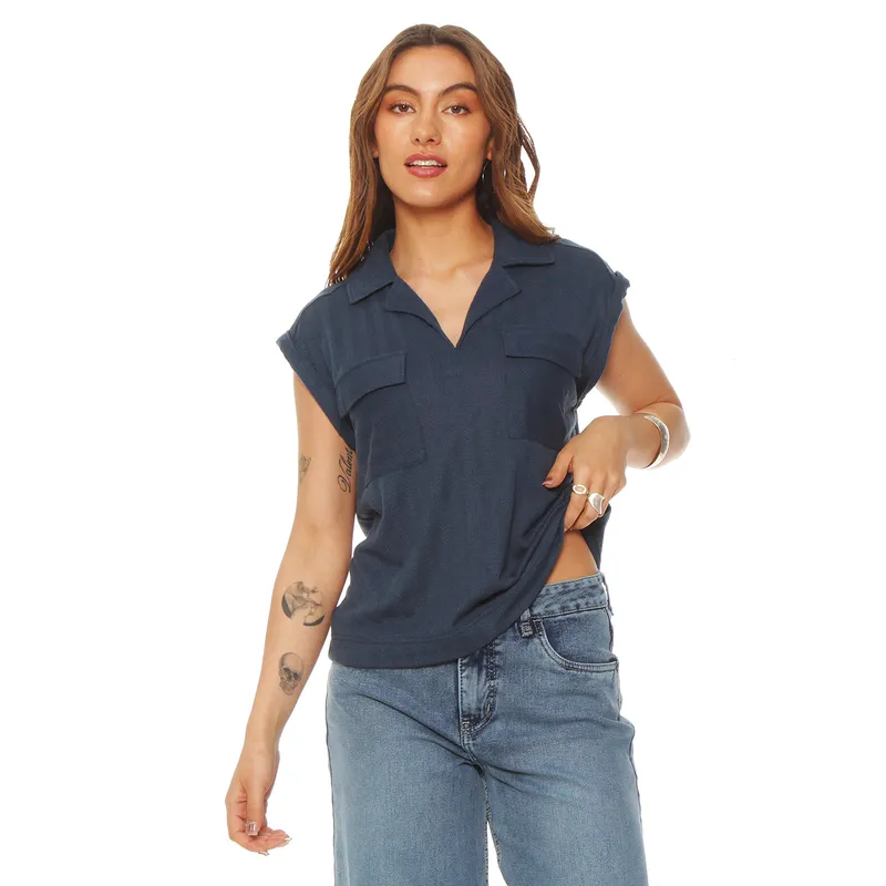 WADOS - BLUSA M/C SOLID ABOTONADA CUELLO CAMISERO Y BOLSILLOS TAPETA