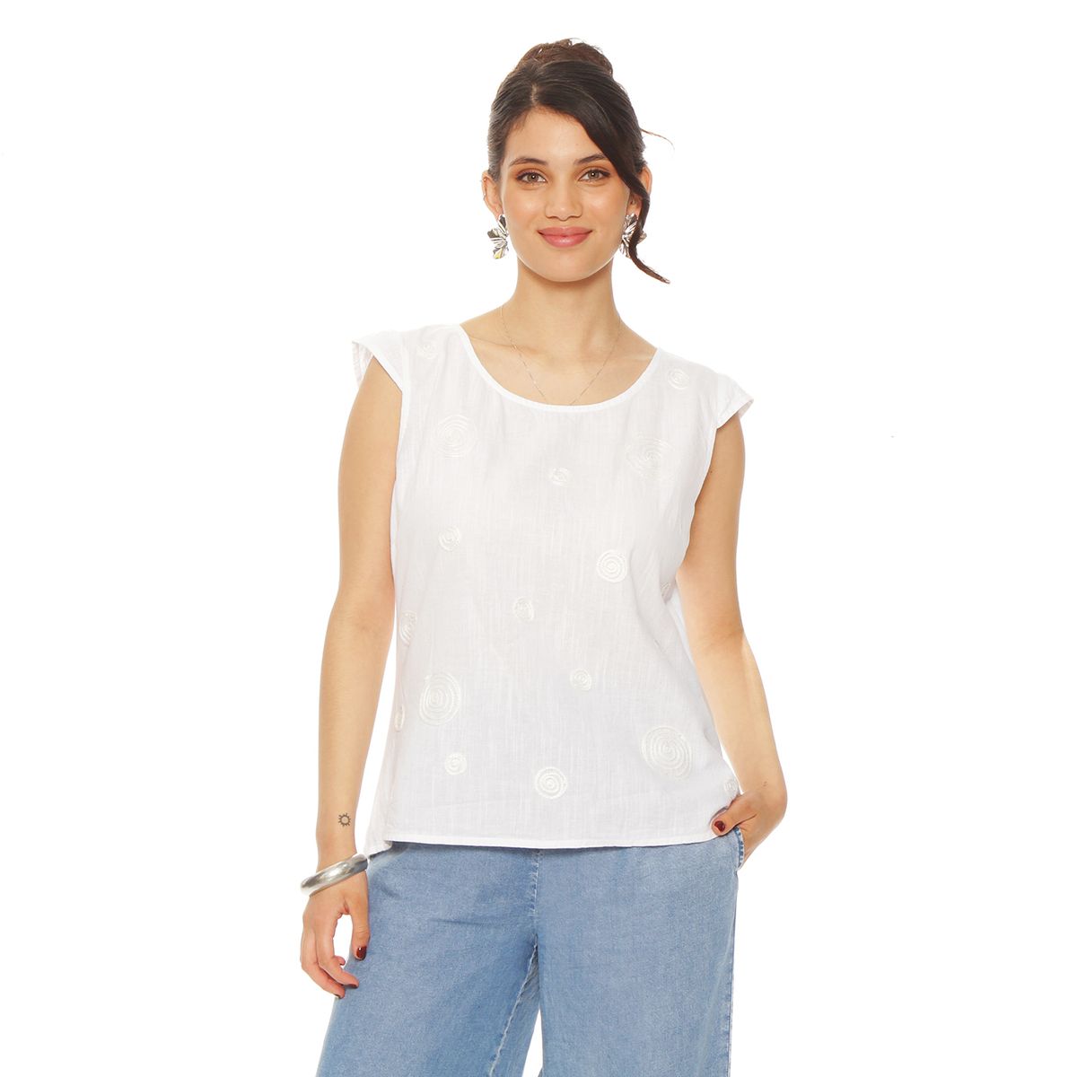 WADOS - BLUSA MANGA CORTA LINO BORDADO ESCOTE REDONDO