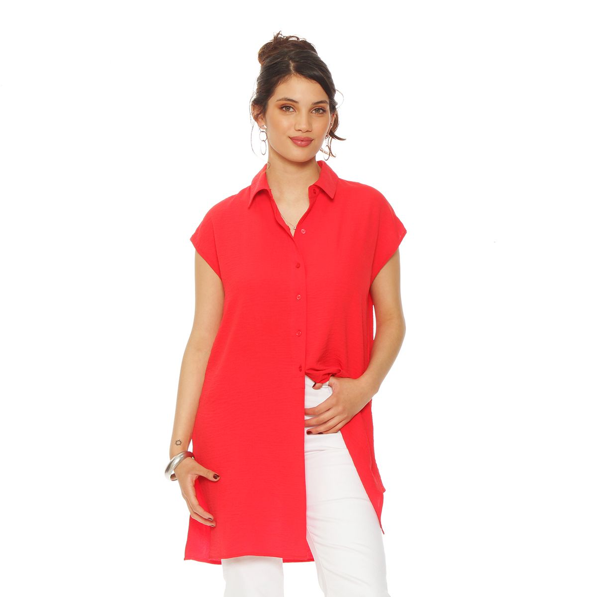 WADOS - BLUSA SIN MANGA SOLIDA CUELLO CAMISERO ABERTURAS EN COSTADO