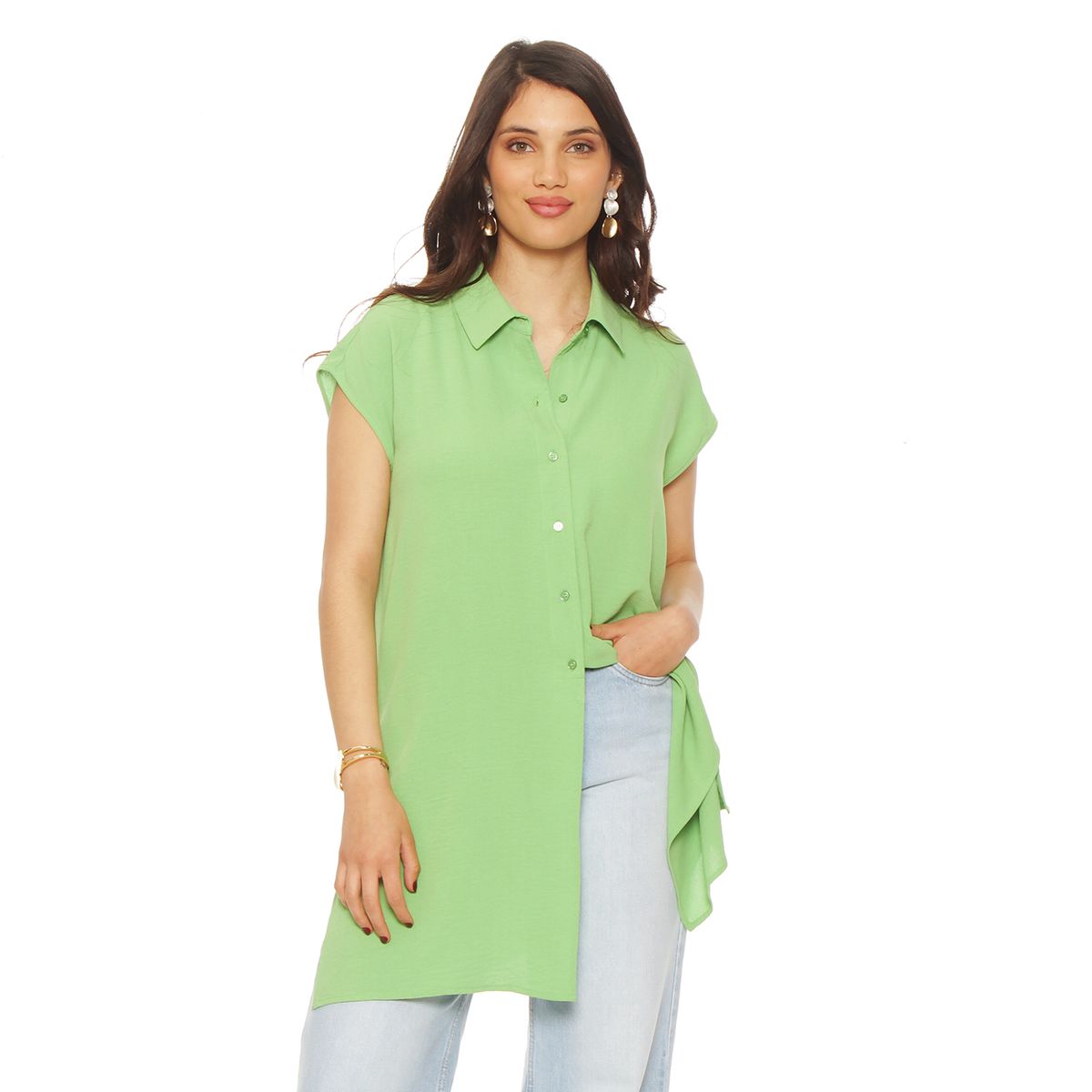 WADOS - BLUSA SIN MANGA SOLIDA CUELLO CAMISERO ABERTURAS EN COSTADO