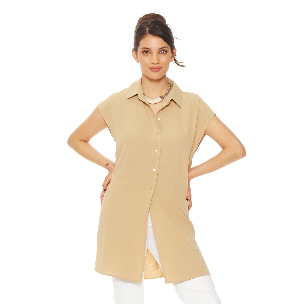 WADOS - BLUSA SIN MANGA SOLIDA CUELLO CAMISERO ABERTURAS EN COSTADO