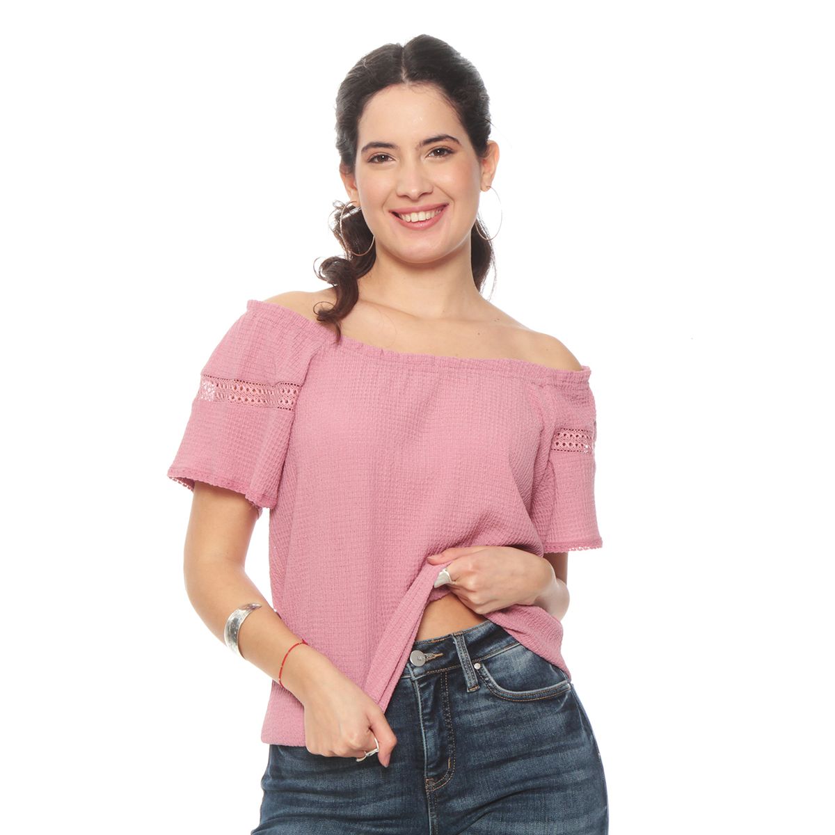 WADOS - BLUSA MANGA CORTA SOLIDA ESCOTE REDONDO ELASTICADO