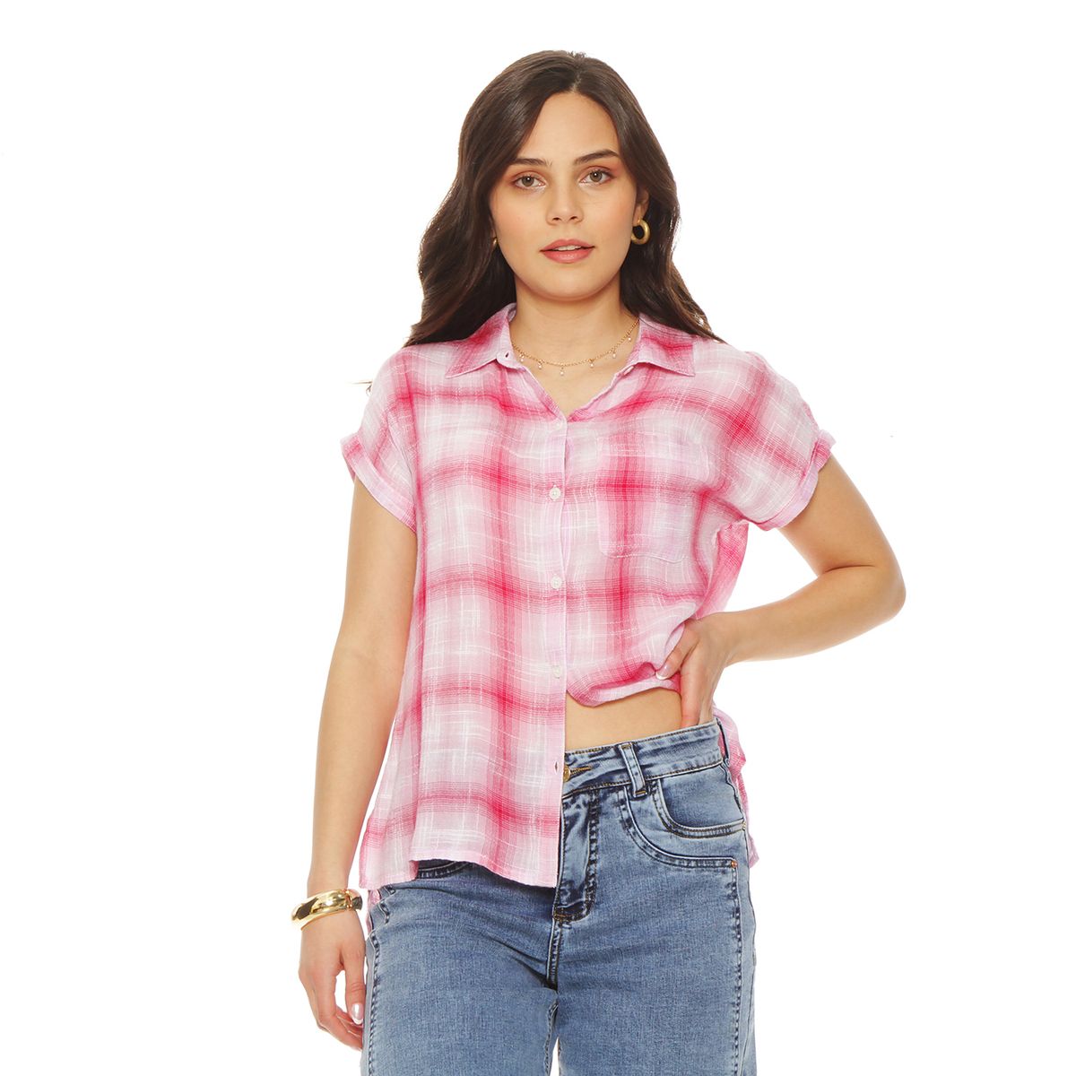 WADOS - BLUSA SIN MANGA ESCOCES ABOTONADA EN DELANTERO Y BOLSILLO