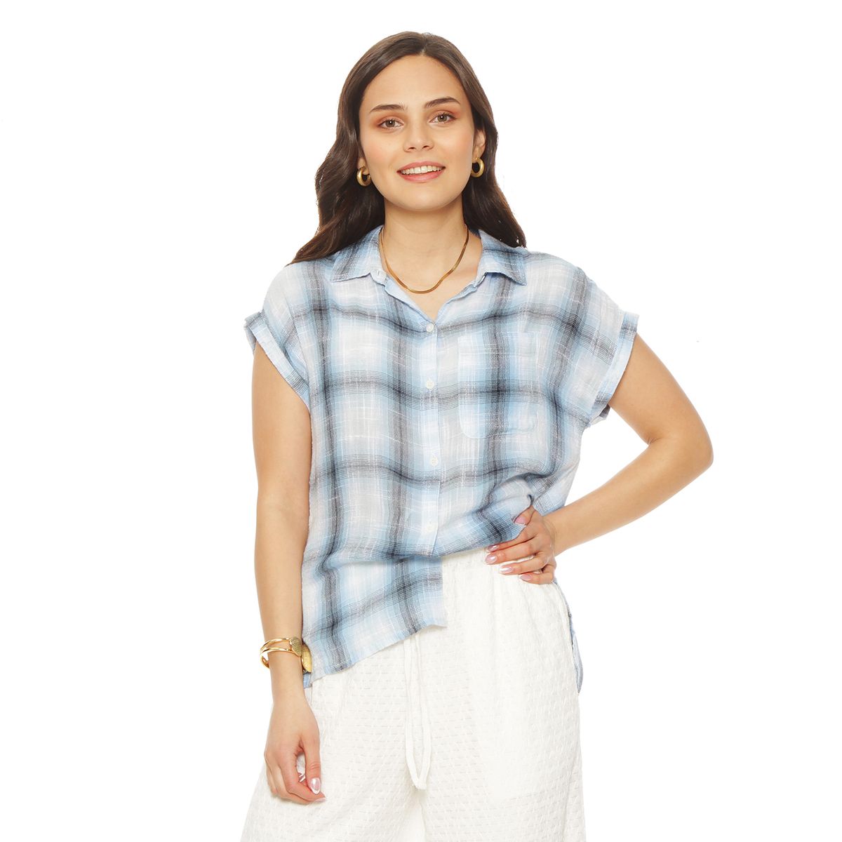 WADOS - BLUSA SIN MANGA ESCOCES ABOTONADA EN DELANTERO Y BOLSILLO