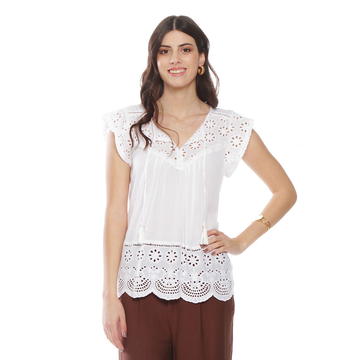 WADOS - BLUSA MANGA CORTA CON BRODERY EN MANGA ESCOTE Y RUEDO ESCOTE REDONDO