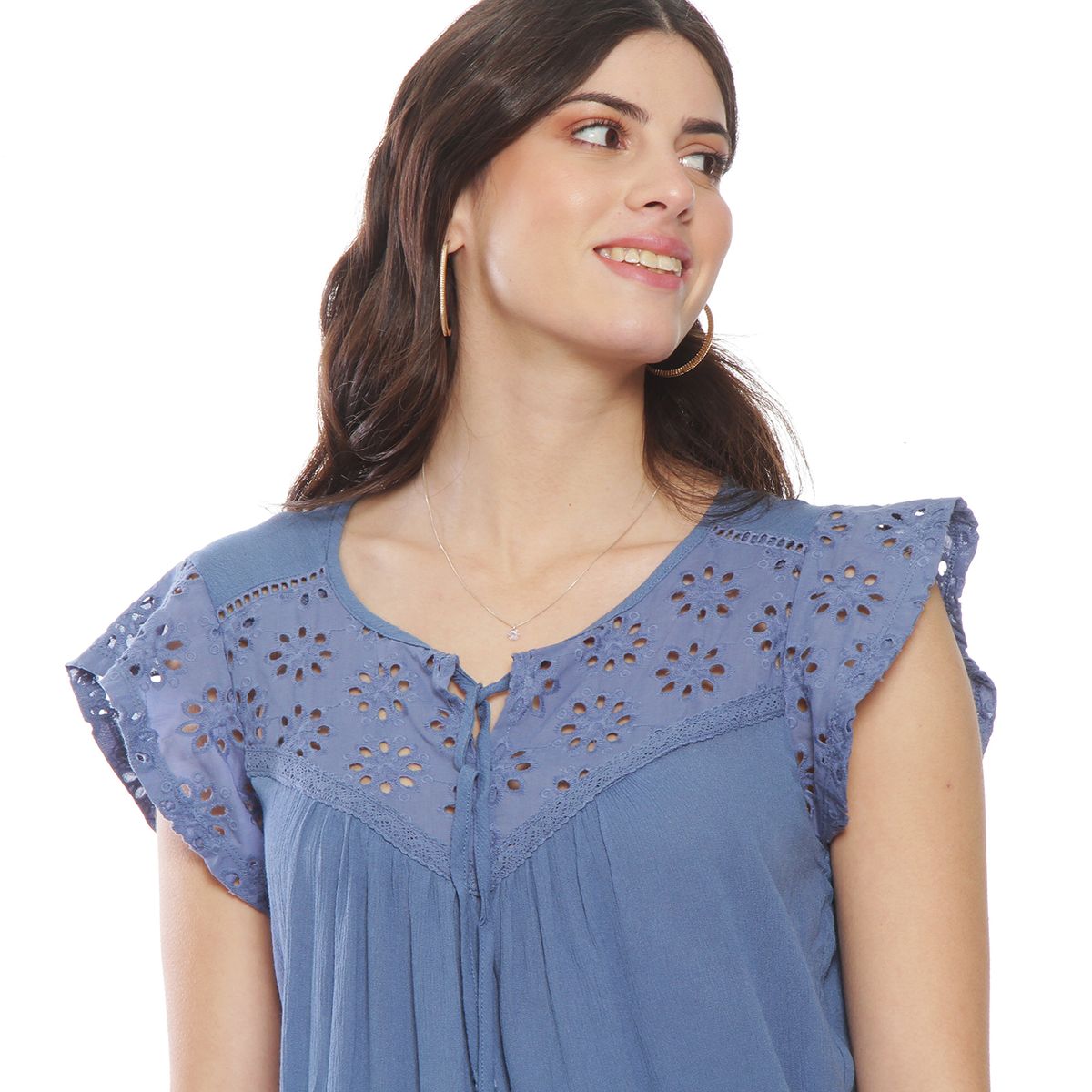 WADOS - BLUSA MANGA CORTA CON BRODERY EN MANGA ESCOTE Y RUEDO ESCOTE REDONDO