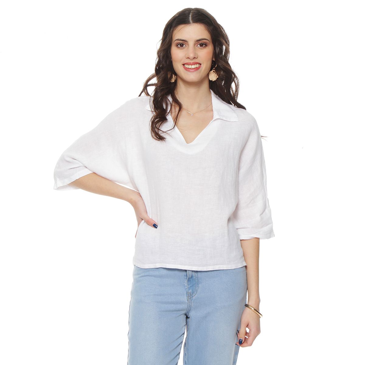 WADOS - BLUSA MANGA 34 LINO ESCOTE V CON CUELLO