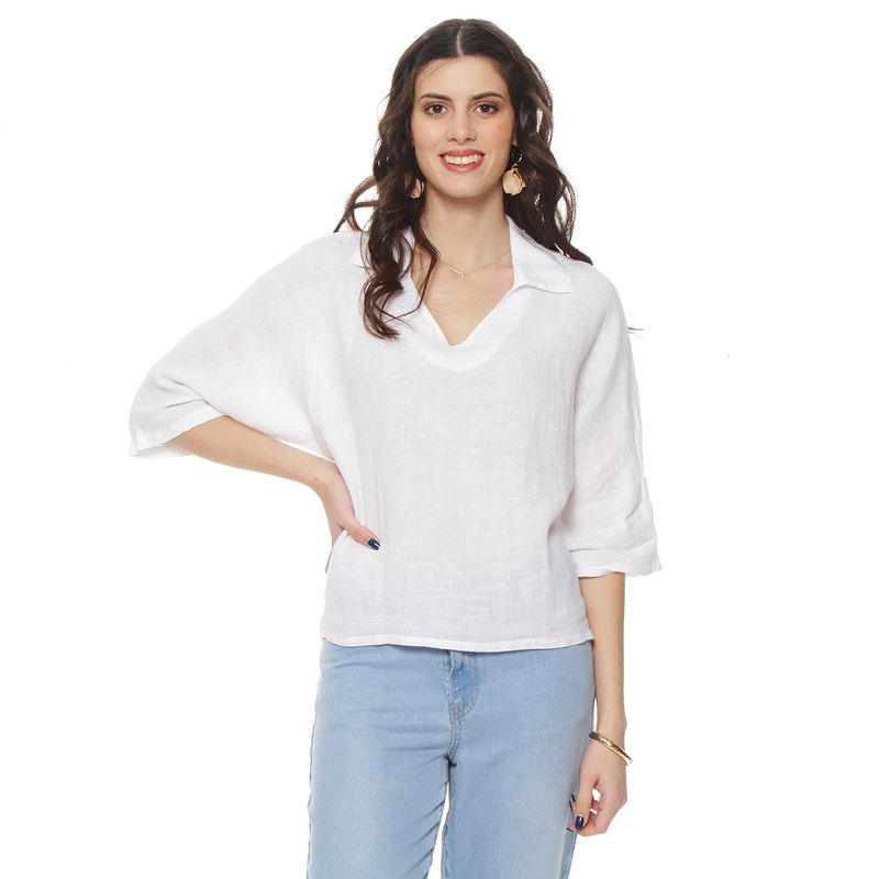 WADOS - BLUSA MANGA 34 LINO ESCOTE V CON CUELLO