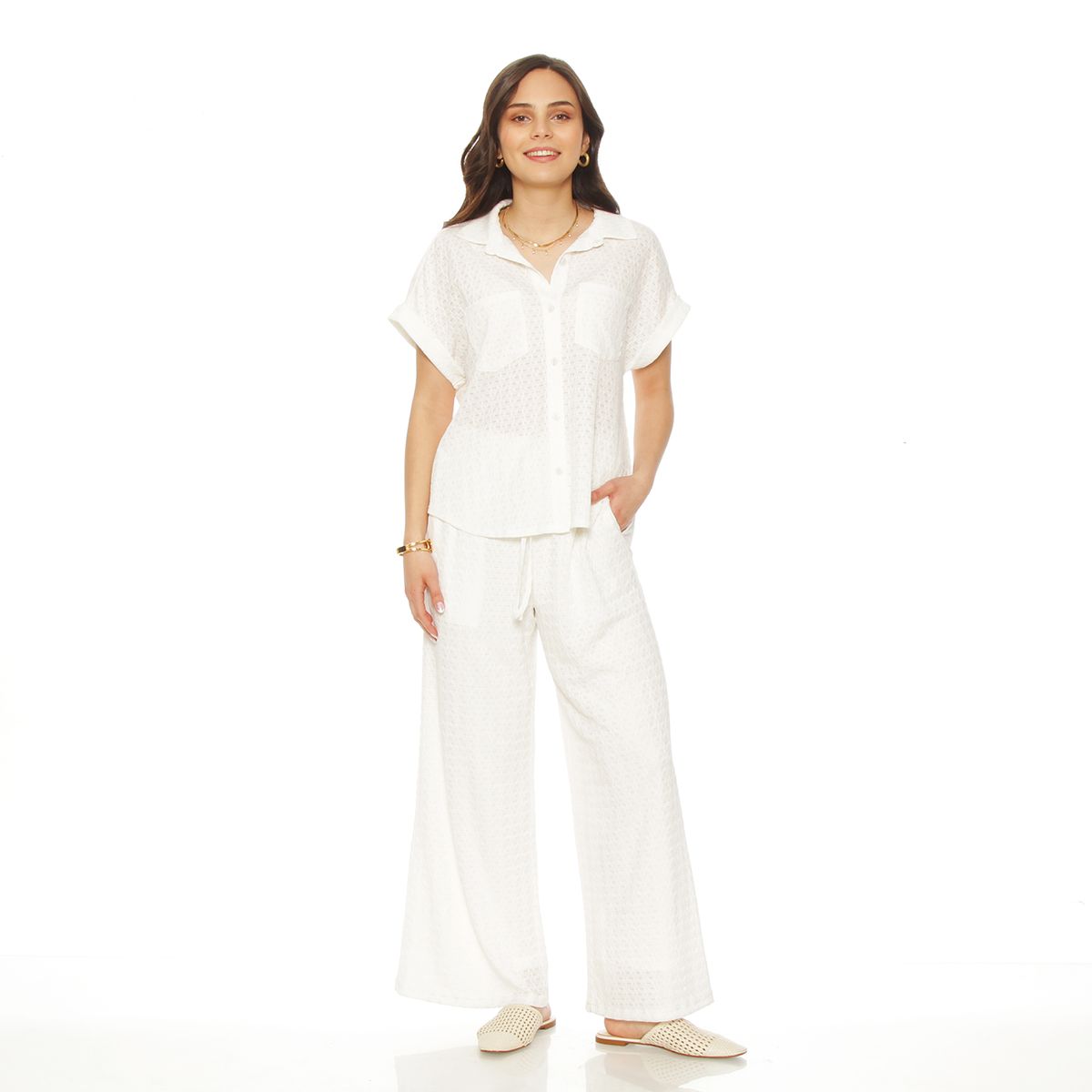 WADOS - CONJUNTO BLUSA MC COIN BOLSILLO Y PANTALON WIDE LEG TIRO ALTO