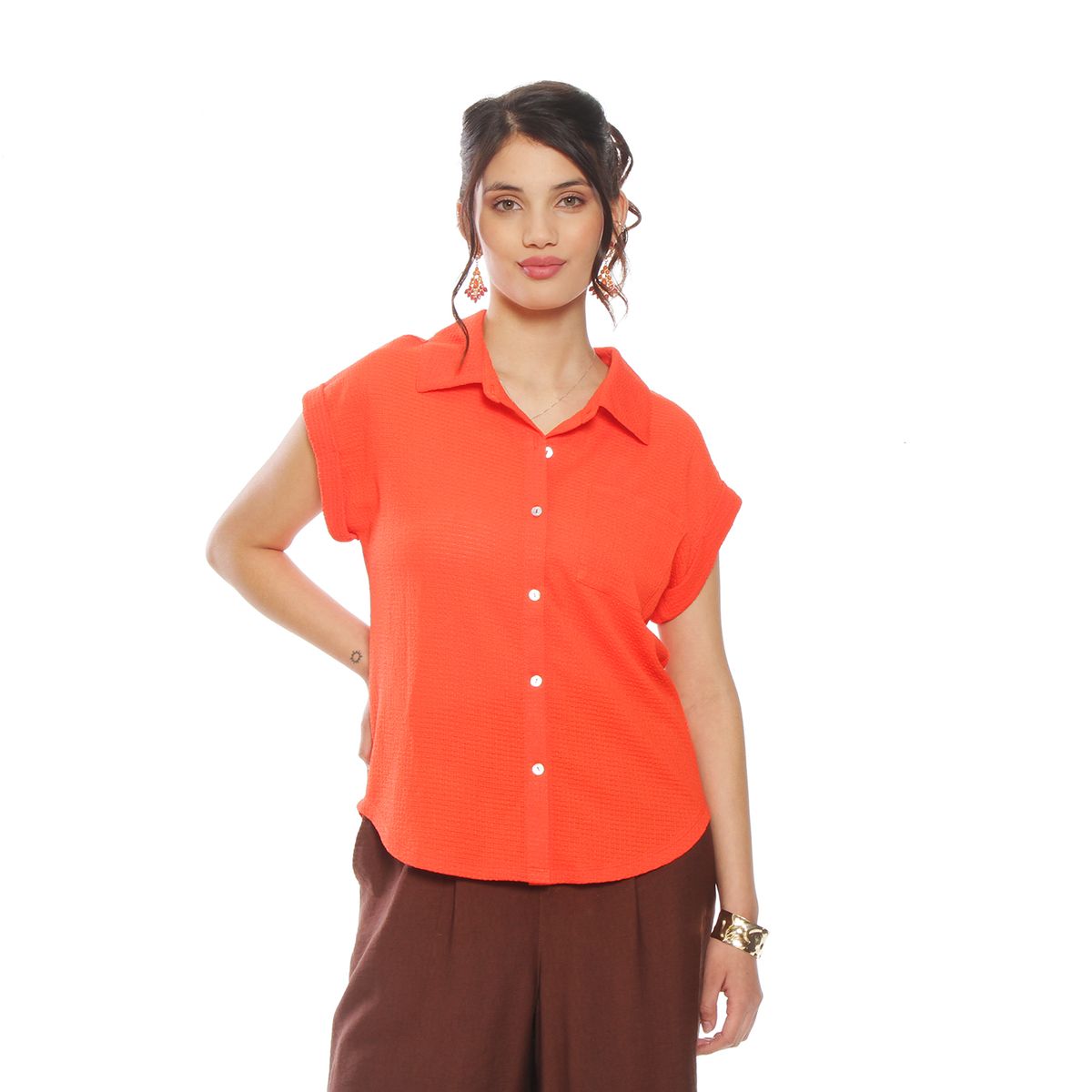 WADOS - BLUSA MANGA CORTA SOLIDA ABOTONADA EN DELANTERO CON BOLSILLO