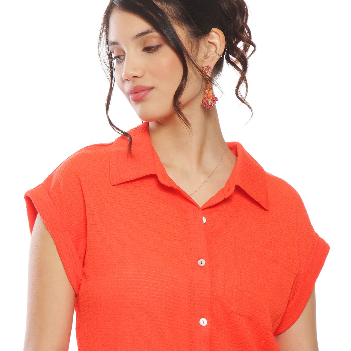 WADOS - BLUSA MANGA CORTA SOLIDA ABOTONADA EN DELANTERO CON BOLSILLO