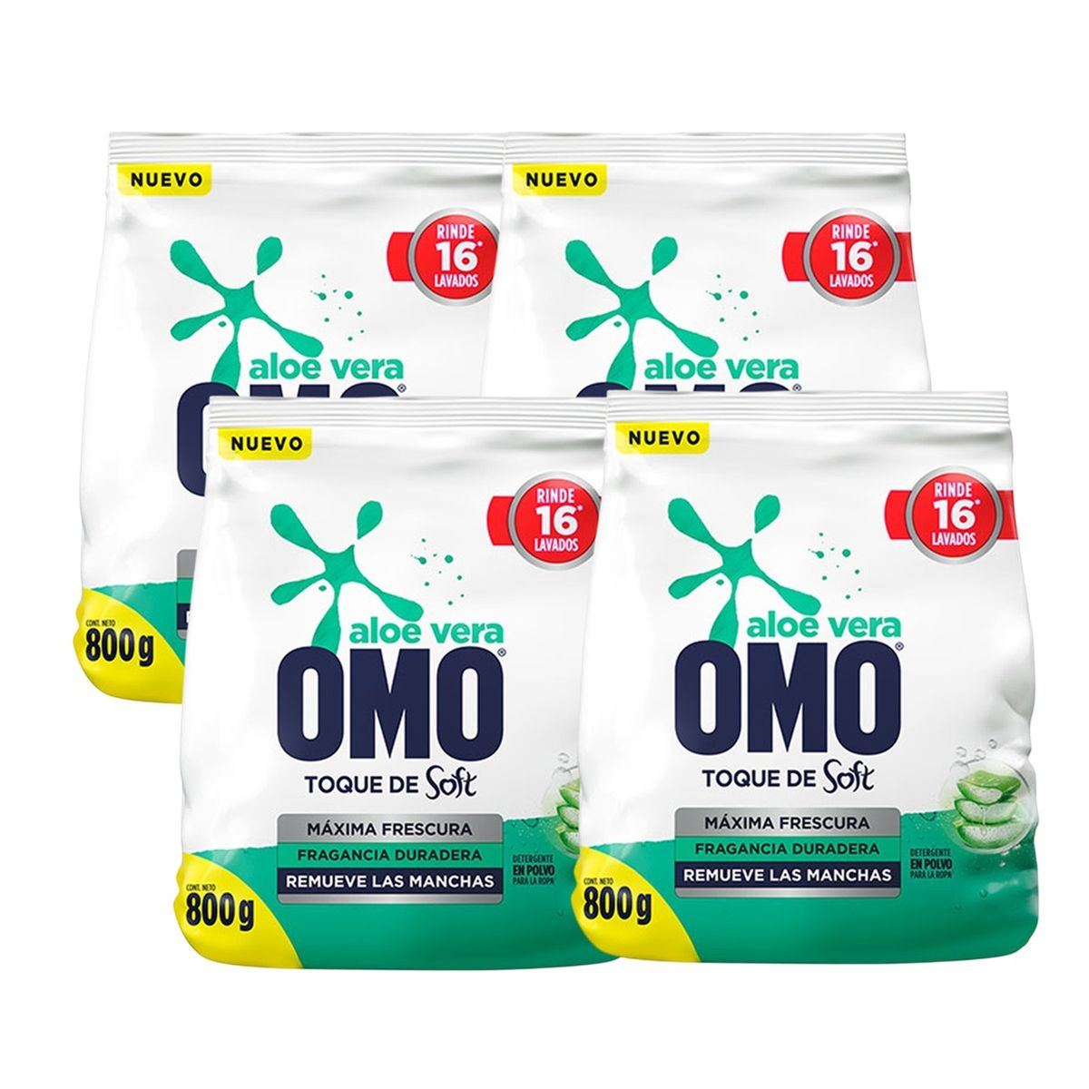 OMO - X4 Detergente Omo Polvo Frescura Aloe Vera Toque De Soft 800g