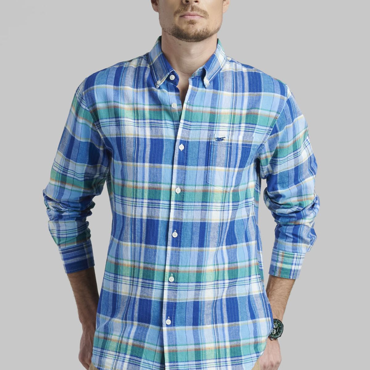 FEROUCH - Camisa Lino Check Arvada Azul Ferouch