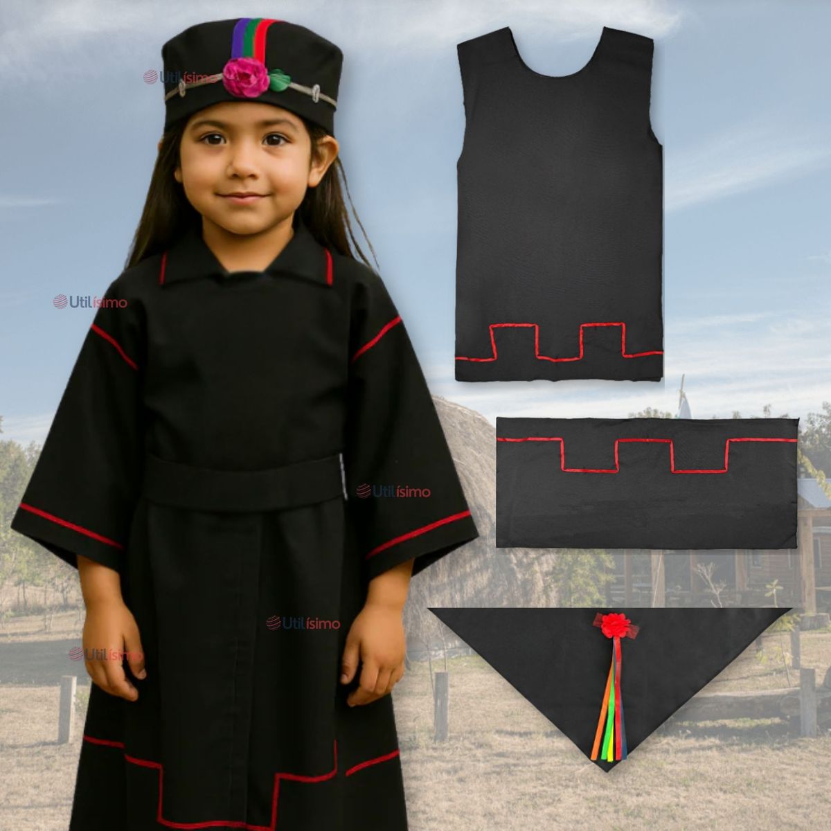 UTILISIMO - Traje Vestido Mapuche Niña 2 años hasta Talla S Vestimenta Típica