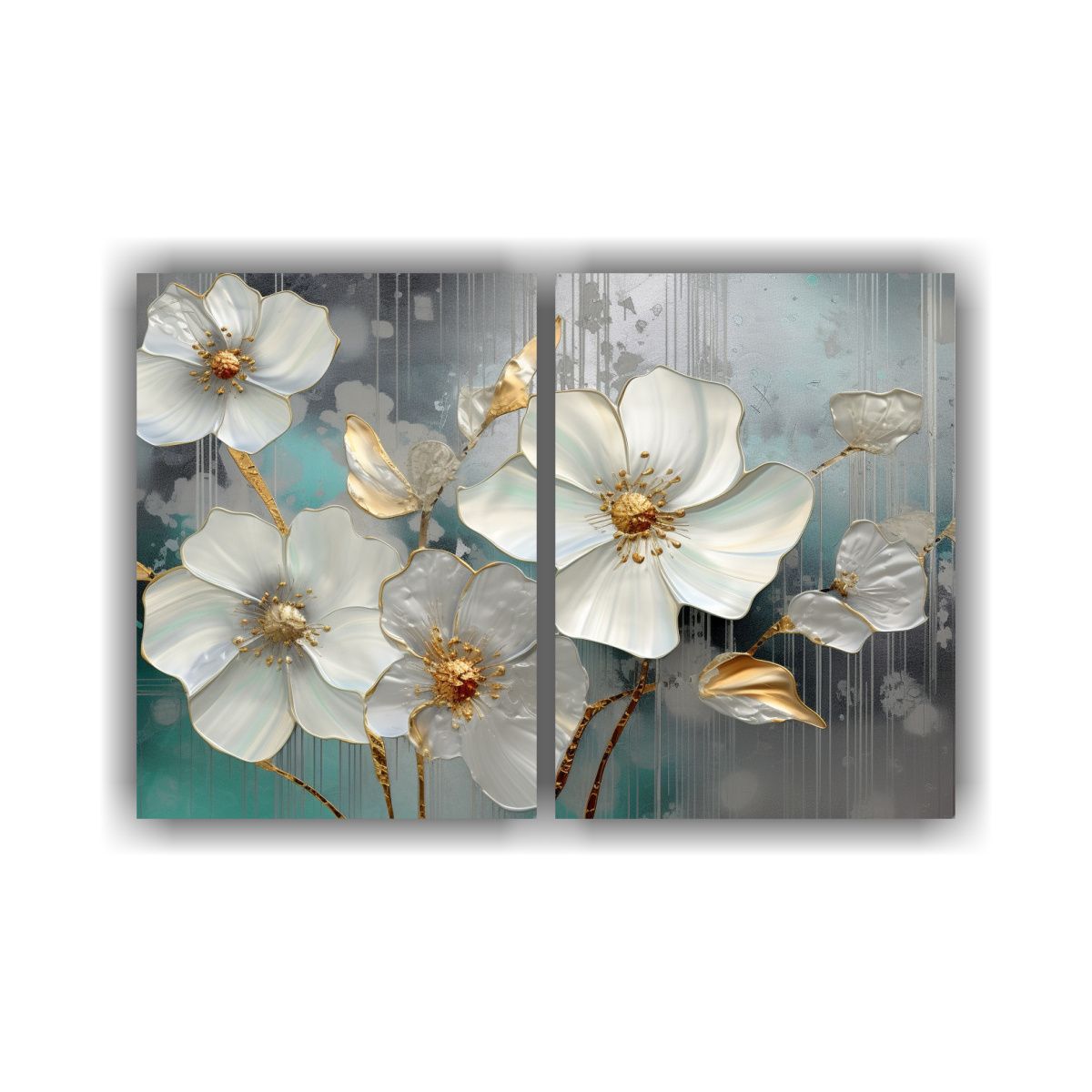 GENERICO - Díptico Tema Comedor Flores Blancas Con Nácar 120x80 Cm