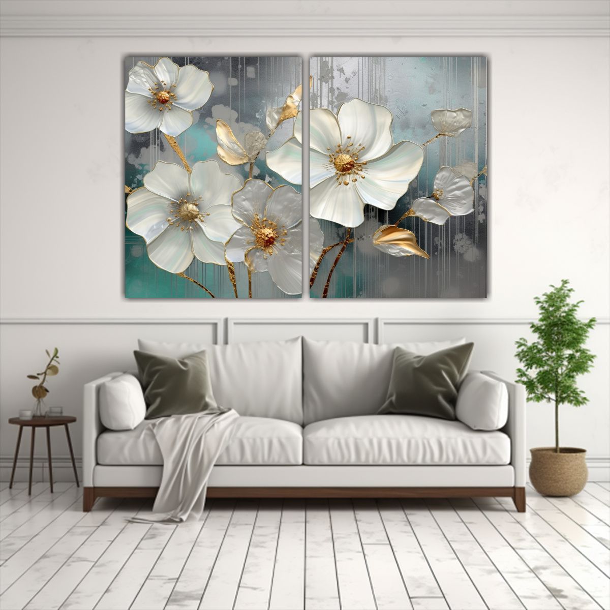 GENERICO - Díptico Tema Comedor Flores Blancas Con Nácar 120x80 Cm