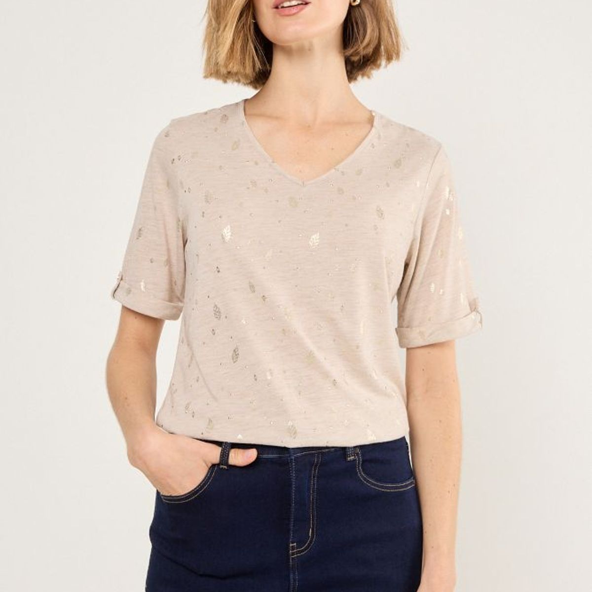 MA GRIFFE - Polera Manga Corta Mujer Beige Magriffe