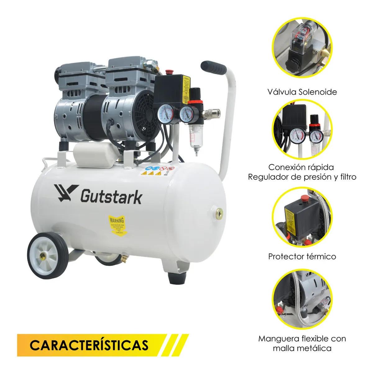 GUTSTARK - Compresor de Aire Portatil Libre De Aceite Silencioso 25lts 1hp