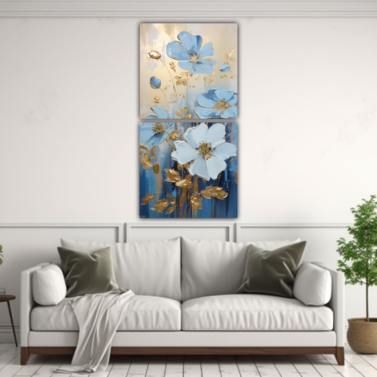GENERICO - Pintura Floral En Lienzo En Colores Dorado Y Azul 80x160 Cm