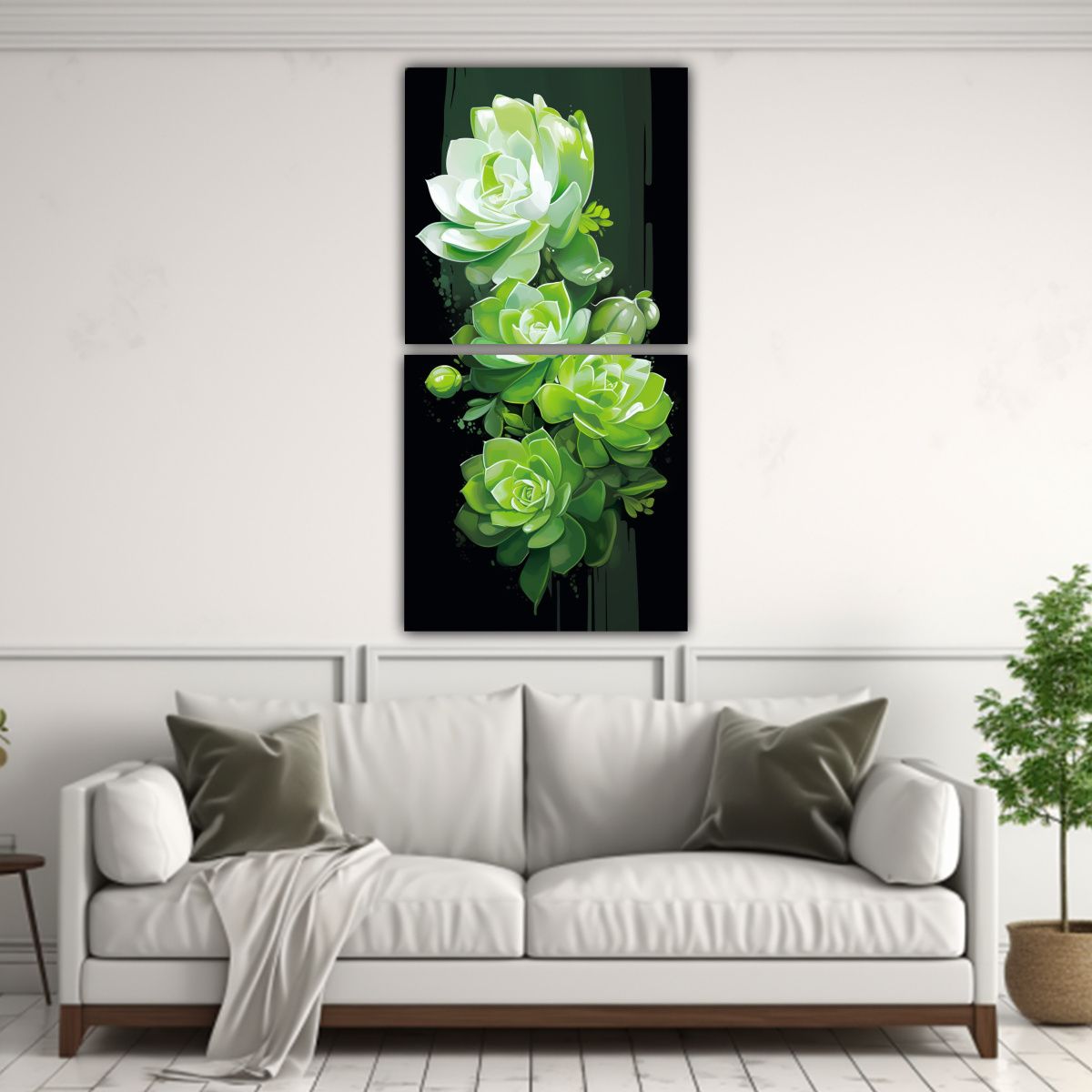 GENERICO - Cuadro Abstracto Suculentas En Verde Y Blanco 80x160 Cm