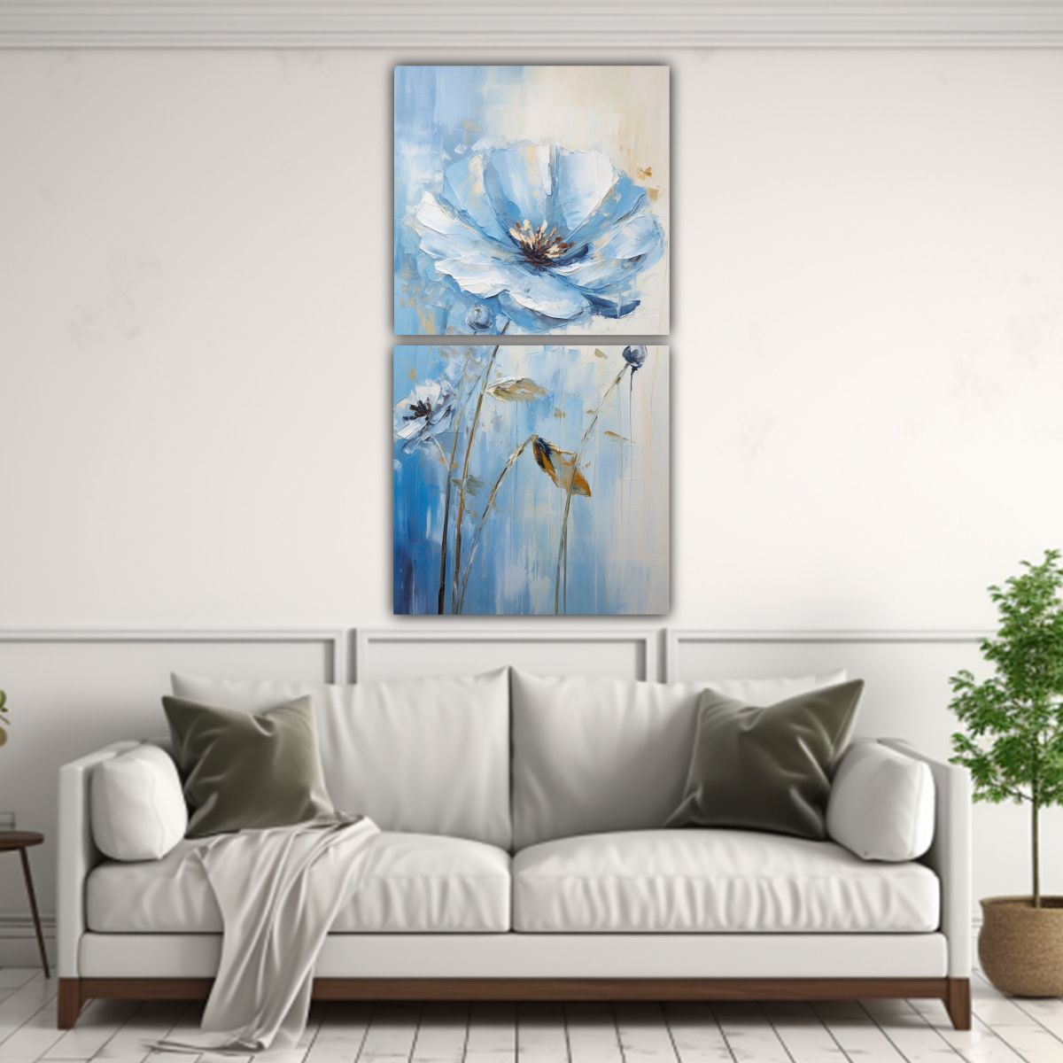 GENERICO - Set 2 Arte Pared Azul Flores Lienzo Estilo 70x140 Cm